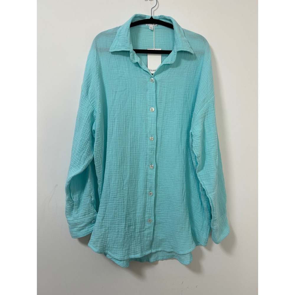 Vitamin A Playa Aqua Gauze Oversized Button Down Shirt Tunic Cover Up Sz‎ Large